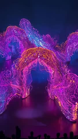 Vertical Video Neon Arch Light Installation Cycling Vibrant Lines While Audience Filming