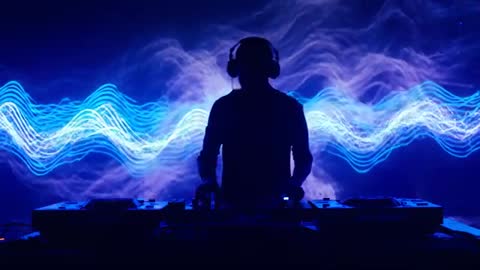 Silhouetted DJ Mixing on Turntables with Pulsing Blue Waveform Visuals for Live EDM Video Loop
