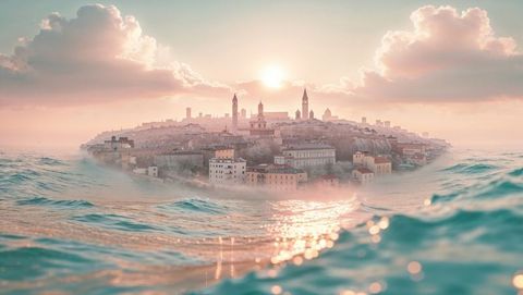 Dreamlike Medieval Island Town at Sunrise with Mist and Waves