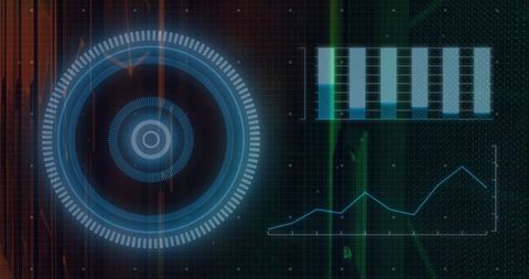 Futuristic HUD Dashboard Displaying Glowing Circular Interface, Bar Chart and Line Graph