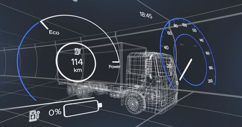 Digital Interface with Data Overlay on Wireframe Lorry Concept