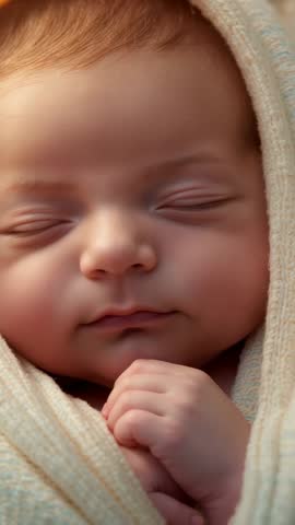Vertical video sleeping newborn swaddled in cream knit wrap close-up peaceful breathing