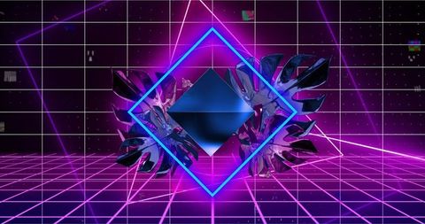 Glowing neon diamond framing floating blue prism with glossy monstera leaves on retro grid