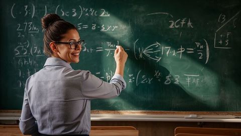 Female teacher writing algebra equations on classroom blackboard
