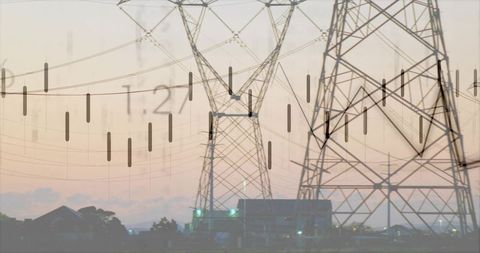 Power Transmission Towers at Twilight with Energy Market Data Overlay and Substation Lights