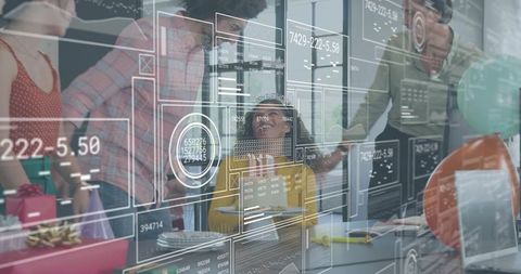 Colleagues Celebrating Coworker at Office Table with Modern Data Visualization Overlays