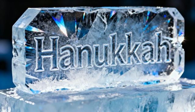 Hanukkah ice sculpture glowing with blue prism light and frosty texture