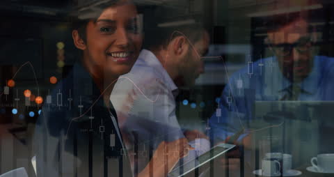 Smiling Businesswoman With Digital Stock Market Overlays
