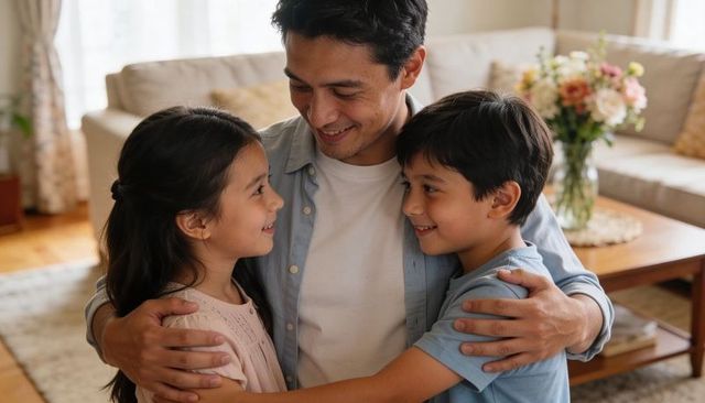 Father hugging daughter and son smiling in cozy living room showing warm family bond