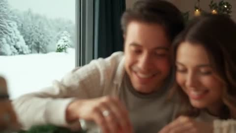 Couple Adding Sprinkles to Cookies with Snowy View