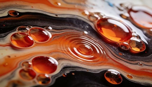 Amber oil droplets forming ripples on marbled liquid surface for abstract background