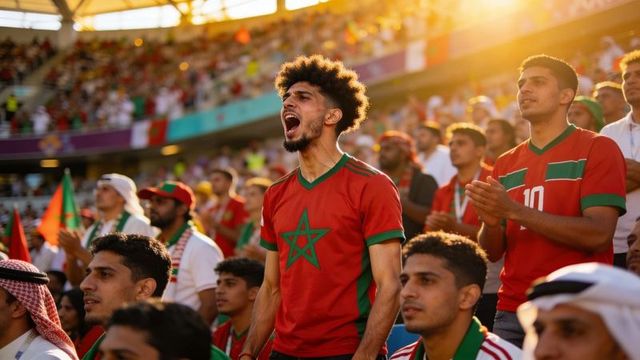 Cheering moroccan soccer fans celebrating in sunlit stadium with red jerseys and flags