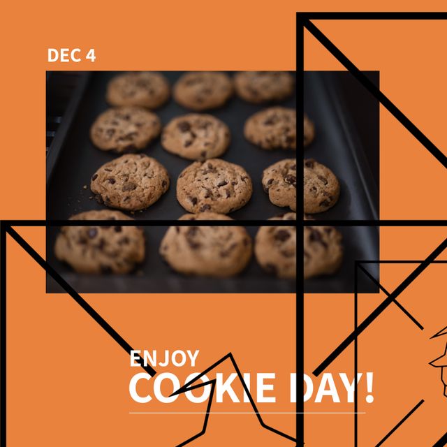 Composition of enjoy cookie day text over cookies and shapes on orange background. Cookie day concept digitally generated image.