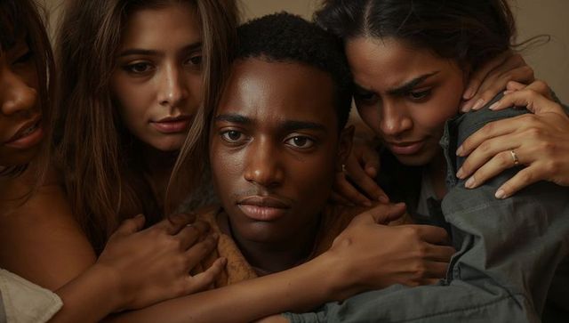 Group supporting and comforting young man close-up conveying empathy and solidarity