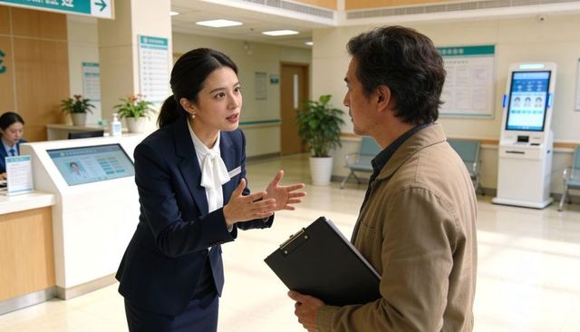 Hospital receptionist explaining appointment options to patient holding clipboard in lobby
