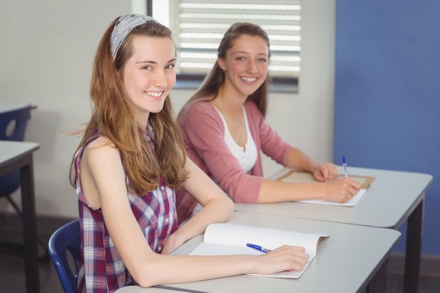 Two teenage girls are sitting at desks in a classroom, smiling while writing in their notebooks. This image can be used for educational content, school brochures, academic websites, or advertisements promoting learning and student life.