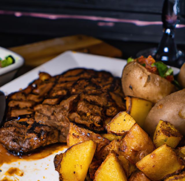 Image shows a juicy grilled steak paired with seasoned roasted potatoes and a split baked potato with garnishes. Ideal for use in menus, restaurant promotions, food blogs, culinary illustrations, and recipe websites. Great to convey a hearty, delectable and satisfying meal.