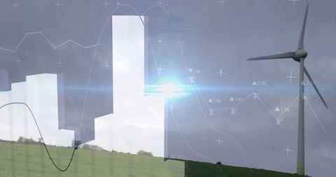 Wind turbine rotating on hillside with data visualization overlay for renewable energy