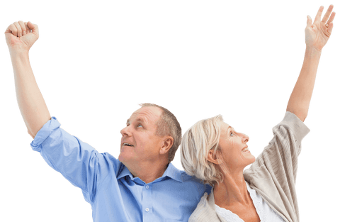 Happy Mature Couple with Arms Raised on Transparent Background