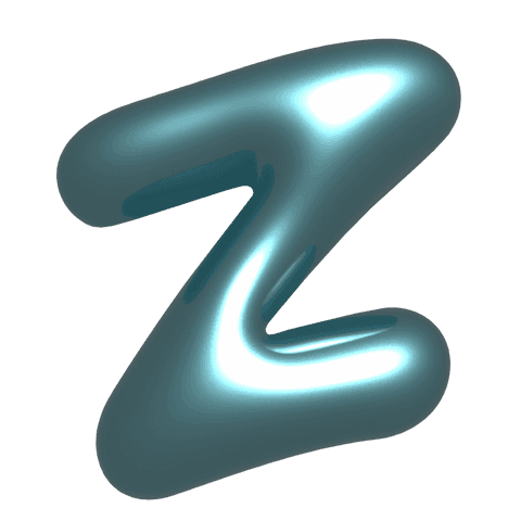 Transparent glossy teal chrome z, puffy 3d tubular letter for design assets, branding, ui