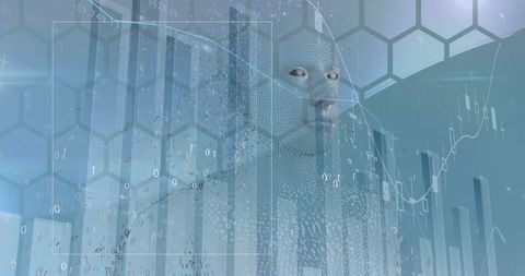 Digital human with binary code and financial chart overlay