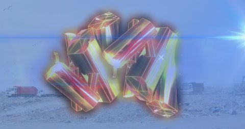 Glowing Geometric Shapes Hovering Over Industrial Wasteland