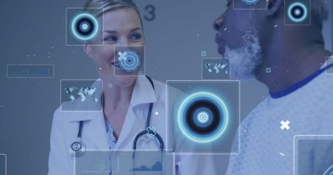 Physician Consults Patient Amidst Holographic Medical Data Insights