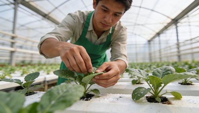 Greenhouse worker tending hydroponic seedlings on foam trays in commercial nursery