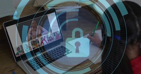 Child attending online class while writing with virtual lock hud protecting remote learning
