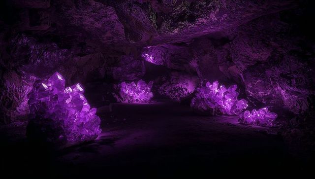 Amethyst clusters glowing inside dark cavern casting violet light across rocky walls, floor