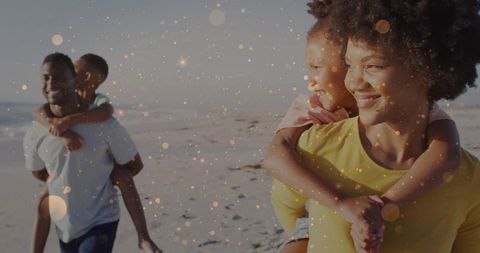 Happy Family Bonding on Sunny Beach During Sunset Stroll