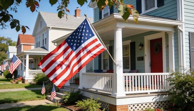 Waving american flag on suburban porch with small yard flags and sunlit tree-lined street