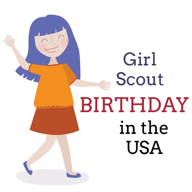 Cartoon illustration of a girl celebrating Girl Scout Birthday in the USA. Perfect for designs related to scout events, childhood growth, adventures, and celebrations. Useful for flyers, educational materials, and social media posts about scouting and youth programs.