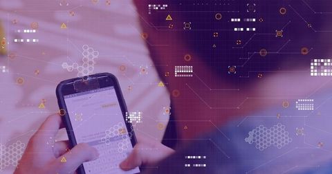 Digital Interface Overlay Young Man Using Smartphone