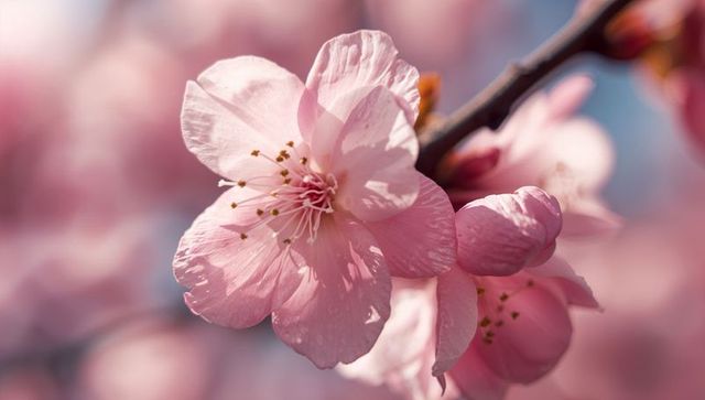 Blooming Soft Pink Cherry Blossom Macro with Dew and Bokeh