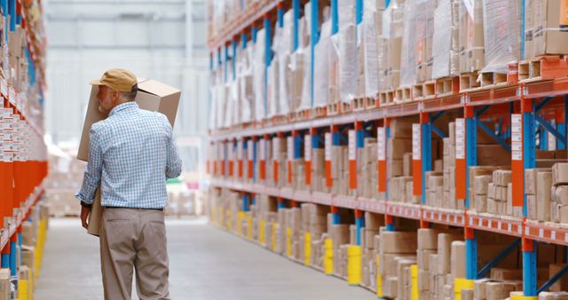 Warehouse Worker Carrying Box in Large Storage Facility - Download Free Stock Images Pikwizard.com