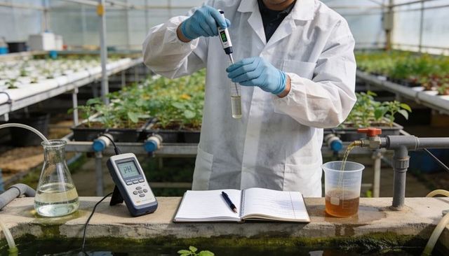 Technician testing hydroponic nutrient solution with ph probe in greenhouse lab notebook