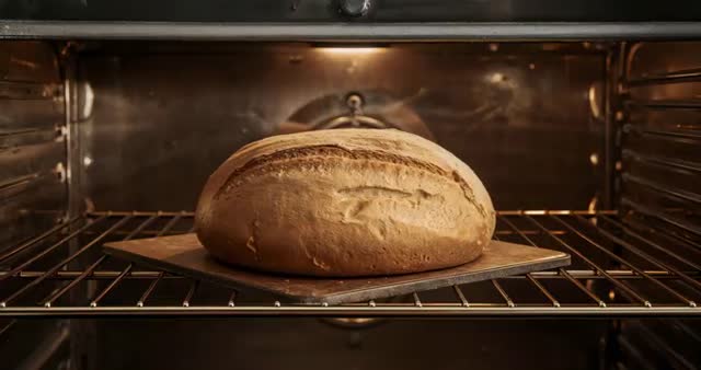 Round Bread Loaf Baking in Oven with Glowing Heating Element