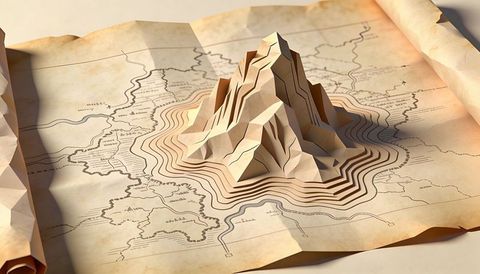Layered paper mountain rising from parchment map showcasing pop-up topographic papercraft sculpture
