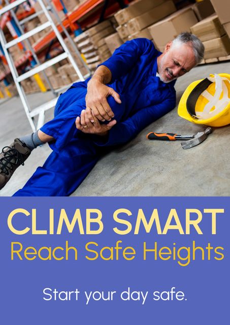Composite of climb smart reach safe heights text over caucasian male worker in pain by ladder. Health and safety, work and labor concept digitally generated image.