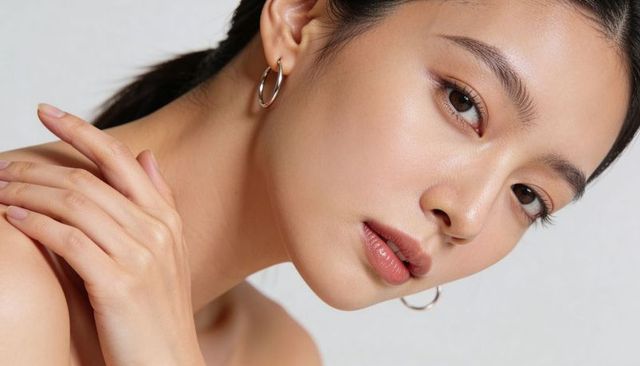 Asian woman posing with glowing flawless skin and hoop earrings closeup beauty portrait