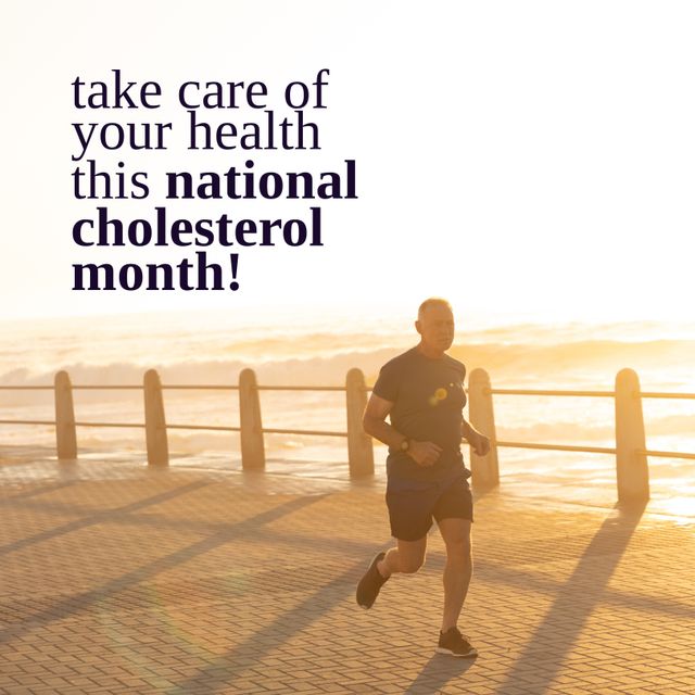 Composition of national cholesterol month text with caucasian man running. National cholesterol month and celebration concept digitally generated image.