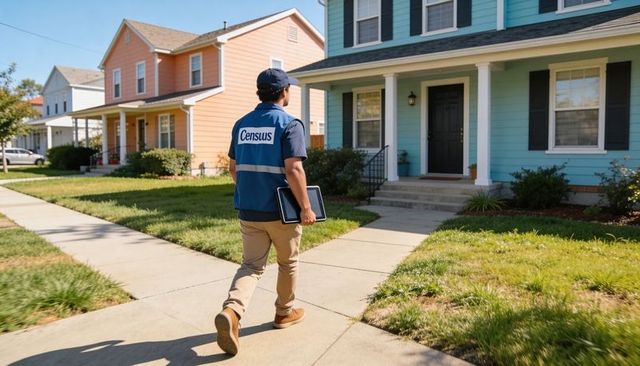 Census fieldworker walking through suburban neighborhood carrying tablet and wearing vest