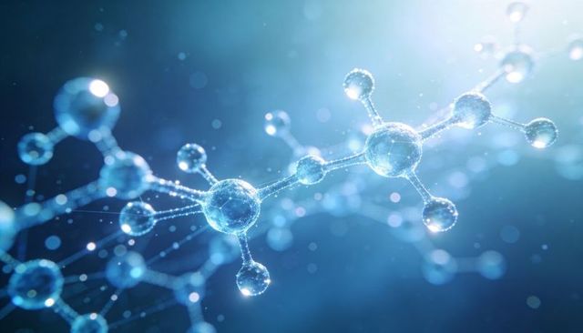 Glassy Molecular Network Glowing in Blue Light, 3D Molecular Structure for Science
