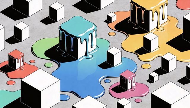 Cyan paint dripping over geometric cube with glossy color puddles and isometric shadows