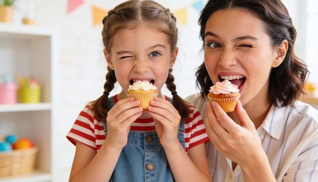 Playful mother and daughter winking while holding frosted cupcakes at colorful home party