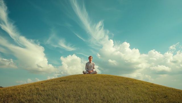 Person Meditating on Hilltop Under Cloudy Sky