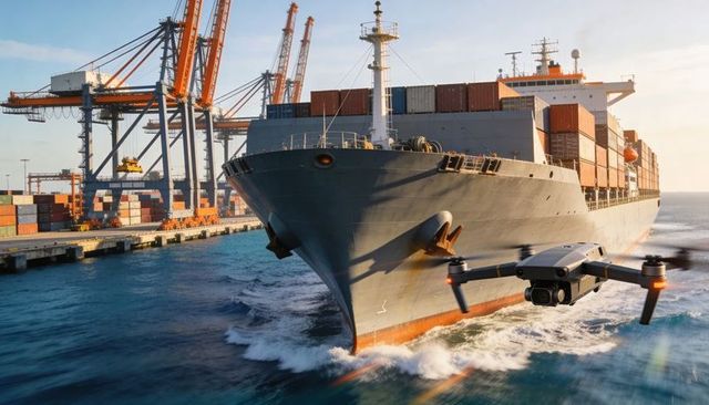 Container ship navigating port with quadcopter drone and gantry cranes at golden hour