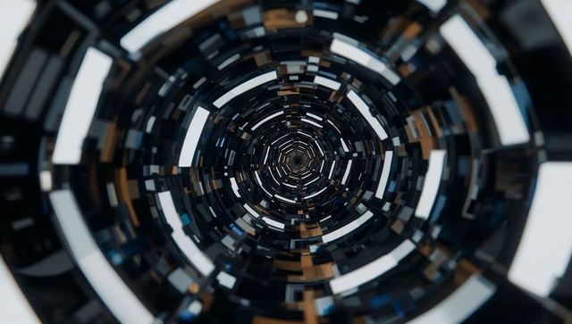 Futuristic metallic tunnel vortex with concentric led rings and reflective panels