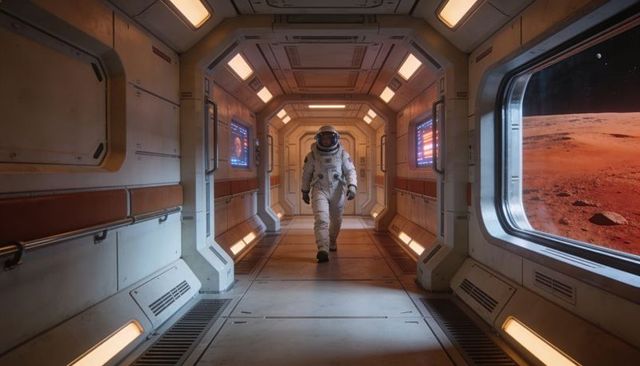Astronaut walking through mars base corridor, hexagonal hallway, futuristic spacesuit view